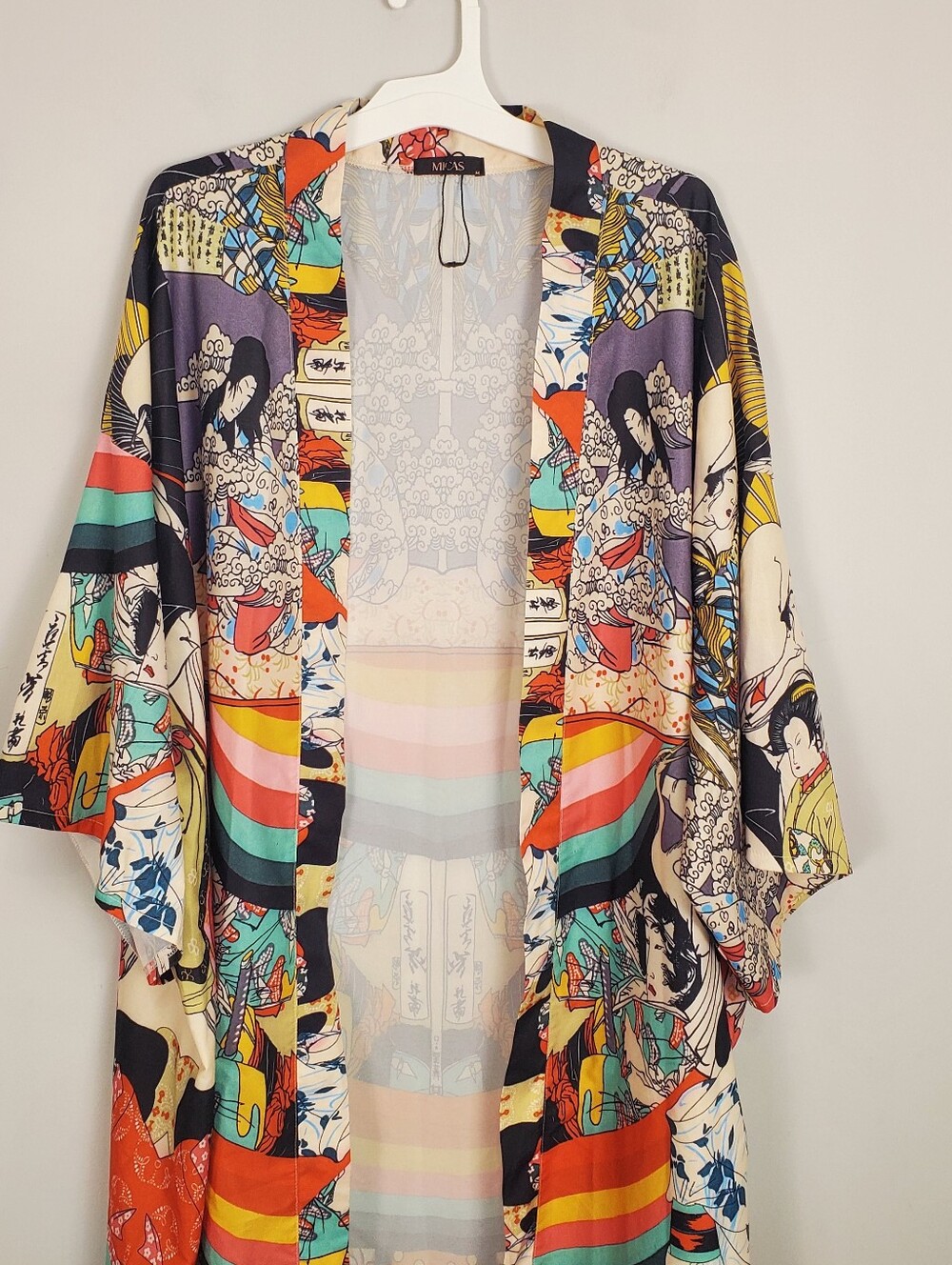 Micas Japanese Multicolor Print Kimono Robe Jacket Satin Boho Duster Size M - Picture 8 of 15
